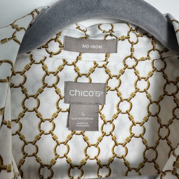 Chicos Top Womens No Iron Sateen Chain Link Print White Gold Size XXL 4 18 - Picture 2 of 9